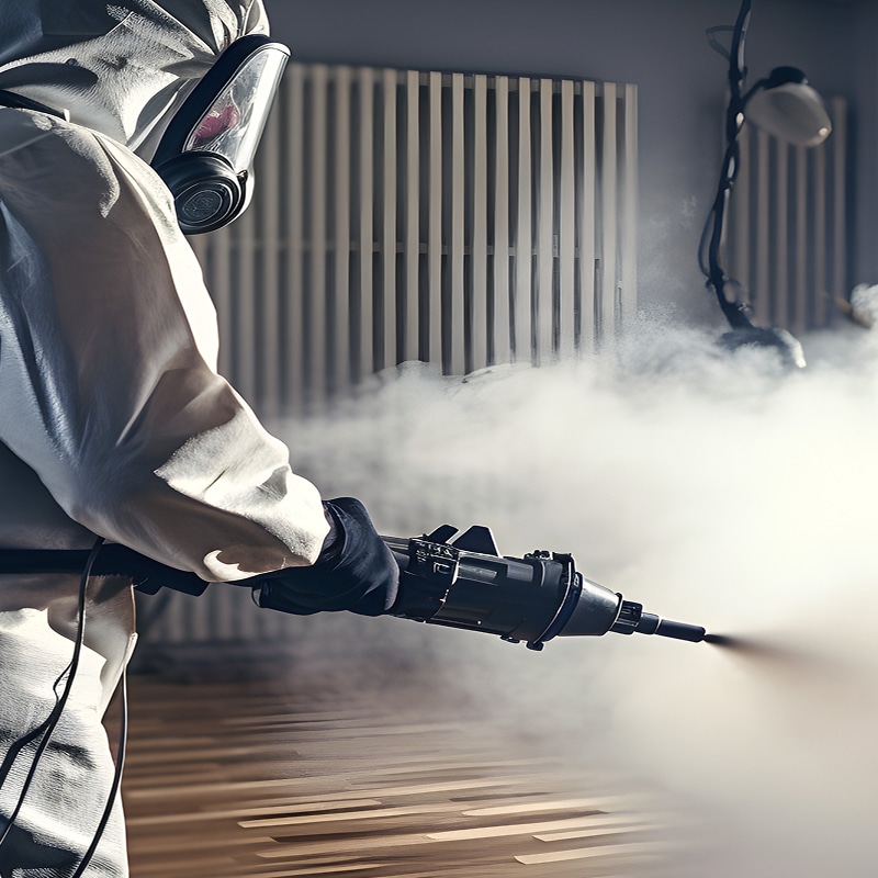 Technicien en combinaison et masque à gaz effectuant une désinfection professionnelle par fumigation (fogging) d'un sol en bois.